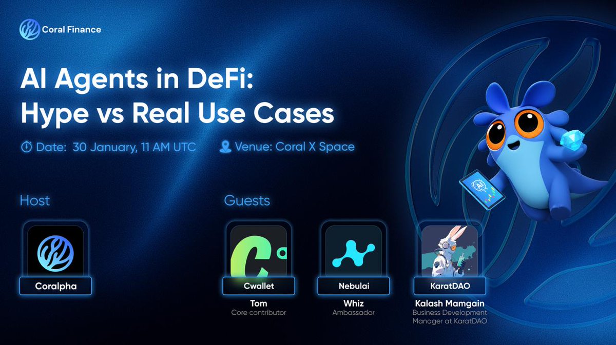 📣 Join our X Space with @cwalletofficial, <a href="/NebulaiHQ/">Nebulai</a>, <a href="/KaratDAO/">KaratDAO 🥕 AI Prediction Market Agent</a> 

💬 Topic: AI Agents in DeFi: Hype vs Real Use Cases

We’ll break down where AI agents actually add value in DeFi — what’s real, what’s hype, and what’s still early.

🗓 30th January, Friday
⏰ 11AM UTC
📍 Space