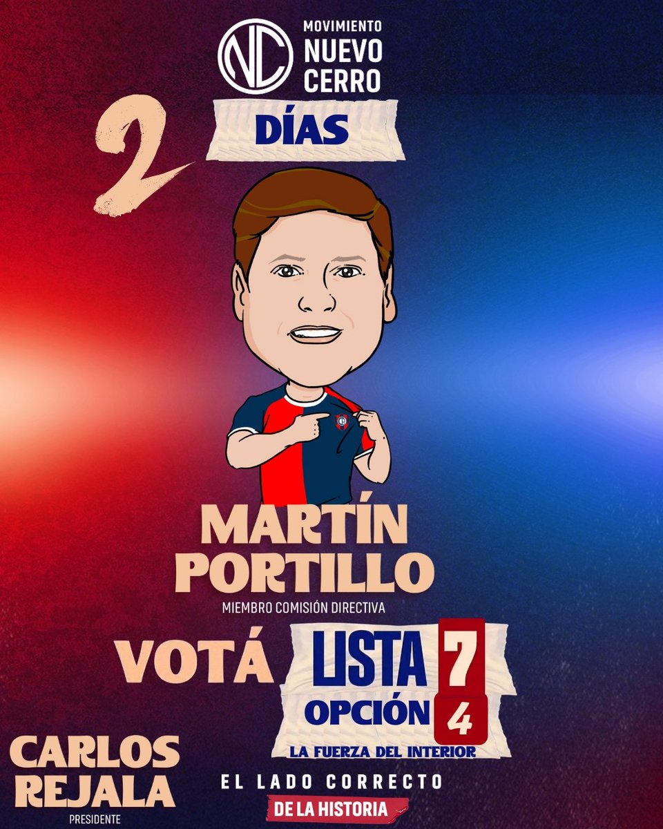 MPortilloNC's tweet photo. A ✌️ días  de un Nuevo Cerro🔵🌪🔴

No olvides

Presidente Carlos Rejala 
Miembro Titular Martin Portillo

✅️LISTA 7
✅️OPCIÓN 4 https://t.co/g7yBaatvDo