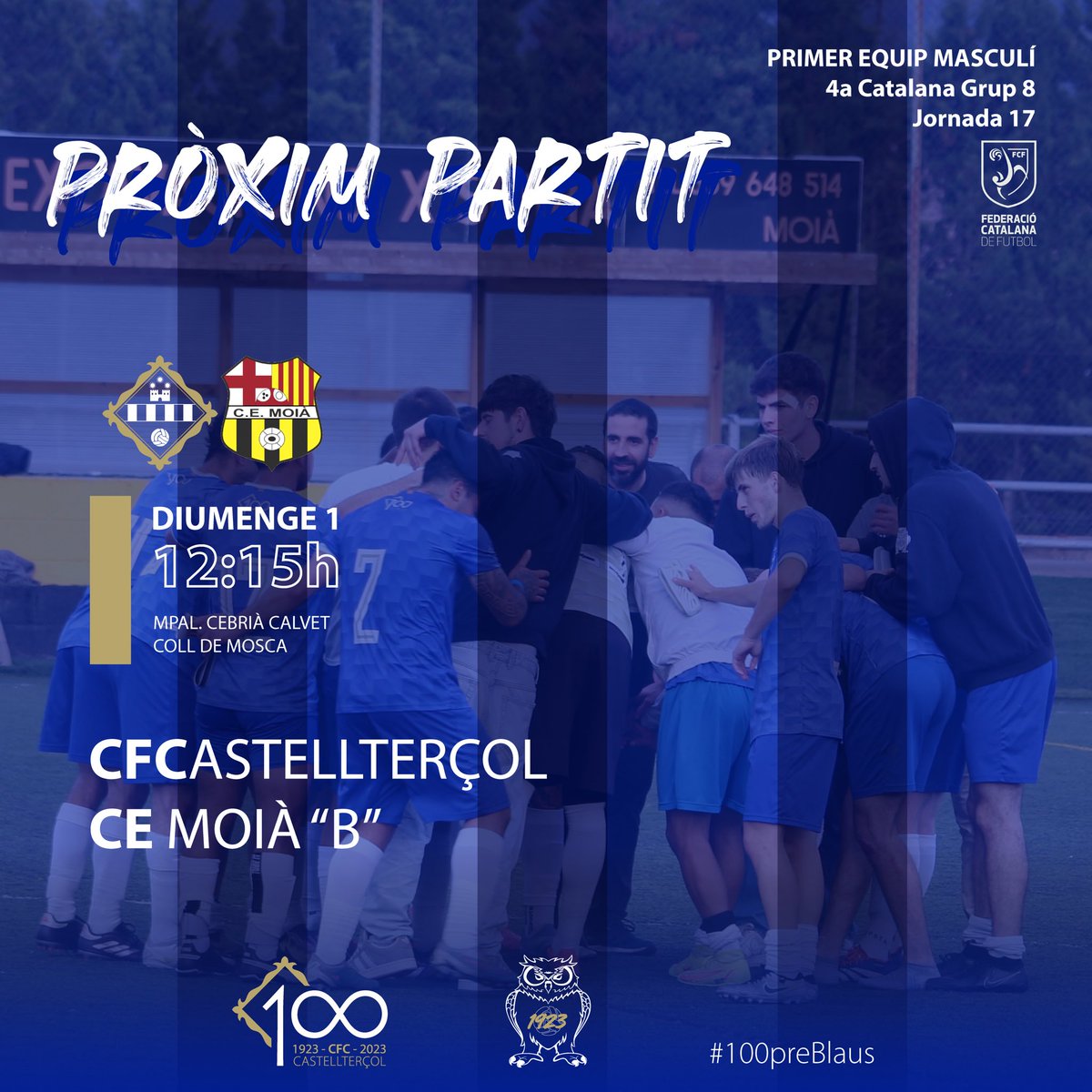 🔵PRIMER EQUIP MASCULÍ
⚽🚀Ep! Que aquest diumenge hi torna a haver #Derbi!

📅Diumenge⌚12:15h
🏟️Mpal. Cebrià Calvet • Coll de Mosca
🏆#4CAT8 - Jornada 17
🆚CE Moià "B"

💙Som-hi Castell!
#100preBlaus #futbolcatalà