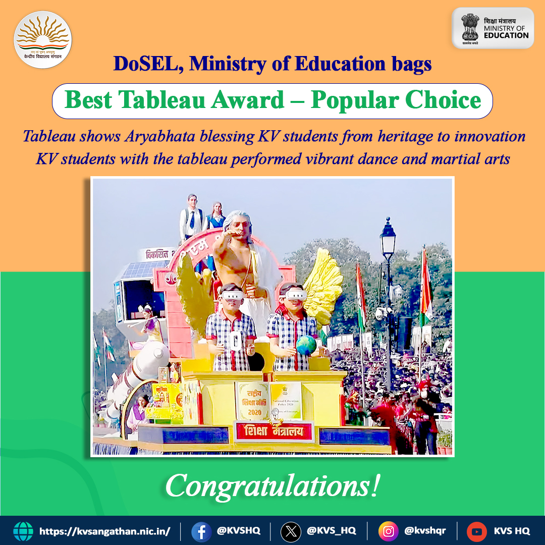 Moments of Pride!
The Ministry of Education’s tableau, themed “NEP 2020: Rocketing Indian School Education on the Path to Viksit Bharat,” at the #RepublicDay2026 Parade won the Best Tableau Award (Popular Choice) among Central Ministries/Departments.

#NEP2020 #KVS #KVians