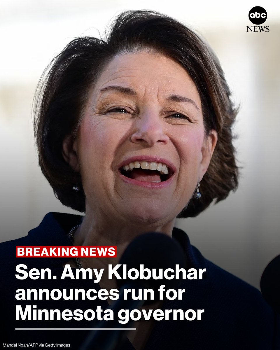 JUST IN: Sen. Amy Klobuchar announced on Thursday her candidacy for governor of Minnesota, saying her home state was in need of a leader who could "fix things in our state" and who would "stand up and not be rubber stamps" to the Trump administration. abcnews.link/b3qVDQi