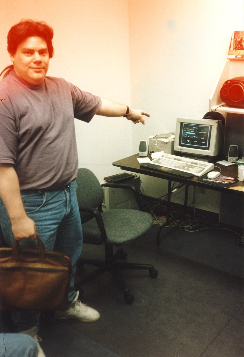 JoeSiegler's tweet image. Happy Birthday Duke Nukem 3D!

30 years ago (29 Jan 1996), I uploaded Duke3D v1.0 shareware to Software Creations, &amp;amp; a legend was unleashed on the world. This pic is George Broussard pointing to said upload. Was a super fun game to work on - many happy memories. #AlwaysBetonDuke