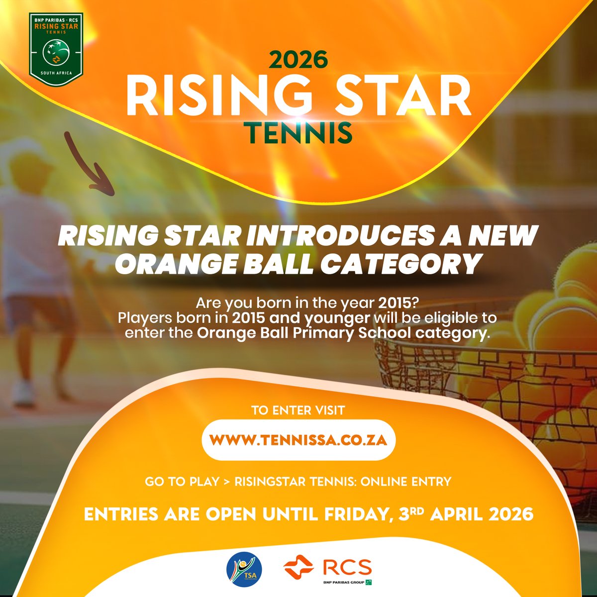 🟠NEW for 2026: Orange Ball Tennis! 🟠

Born in 2015 or later? This one’s for YOU!

The RCS Rising Star Tennis series is growing with the introduction of an Orange Ball category, created especially for younger primary school players taking their first competitive steps on court.