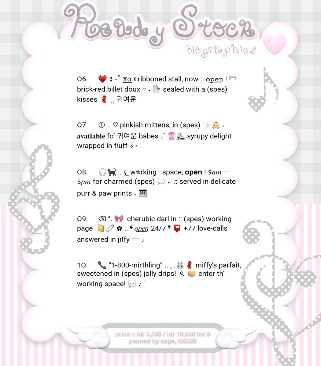 dtlcet's tweet image. ⠀
░ 🎶 help repost? thankies!

‘ello, dearies! sage is back with ..
♥️ : 10 biographies for BA
💬 : price on pic

pick what you love, take them home right away—! 🎀🎹  ˖ ࣪ 𓆪 

t. #zonauang #zonajajan bio rs ready wording 
⠀