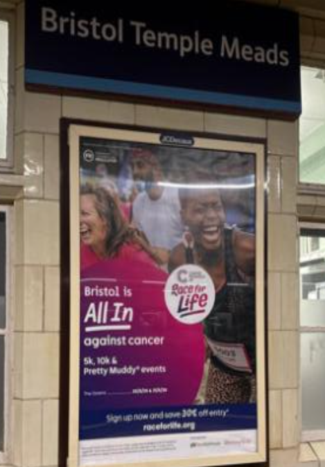 Always a pleasure working with <a href="/CR_UK/">Cancer Research UK</a> Here's their superb #advert at #bristol train station, for their exciting forthcoming #Raceforlife events 🫶

Drop us an email if you are looking at #advertising #design #print or #merchandise and start saving today- media@adsdirect.org.uk