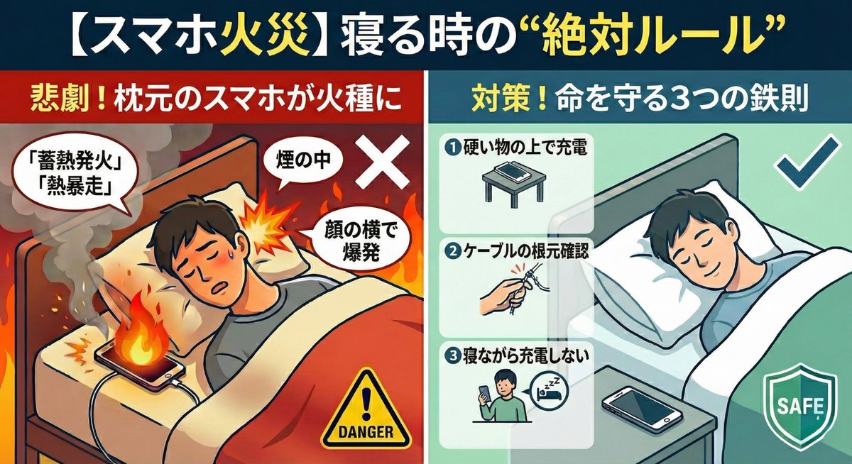 【枕元でスマホ充電して寝る人】
充電したまま枕元に置いて寝る。その習慣、マジでやめてください！「蓄熱発火」「熱暴走」「内部ショート」「コネクタ発火」気付いた時には煙の中。顔の横で爆発したらどうなるか、想像してください。元消防士が伝える、スマホ火災にならないための"絶対ルール"は↓