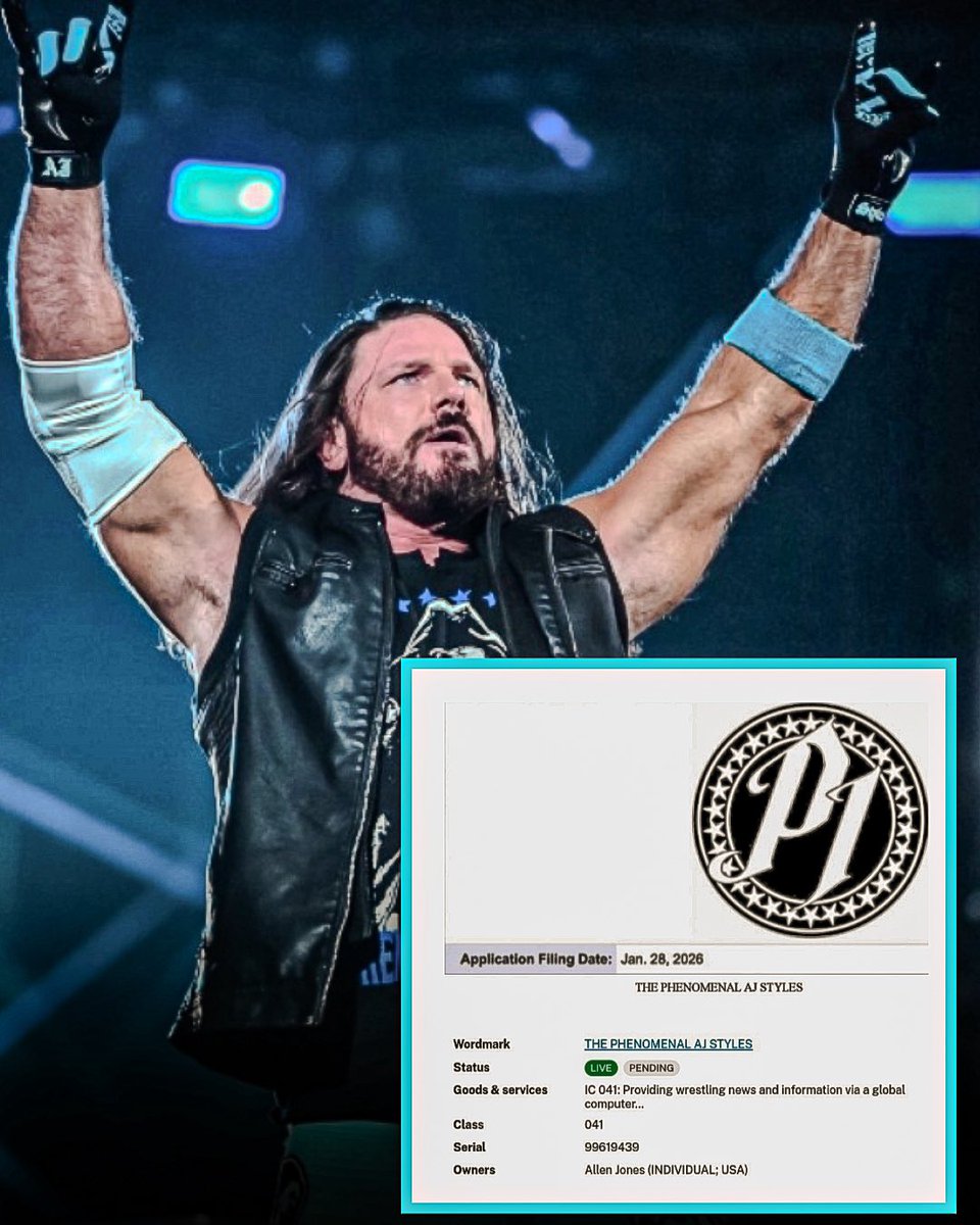 🚨: On January 28, 2026... ahead of Royal Rumble, AJ Styles has filed to trademark:

• The Phenomenal AJ Styles
• P1 logo

Very interesting development 😳 

#RoyalRumble