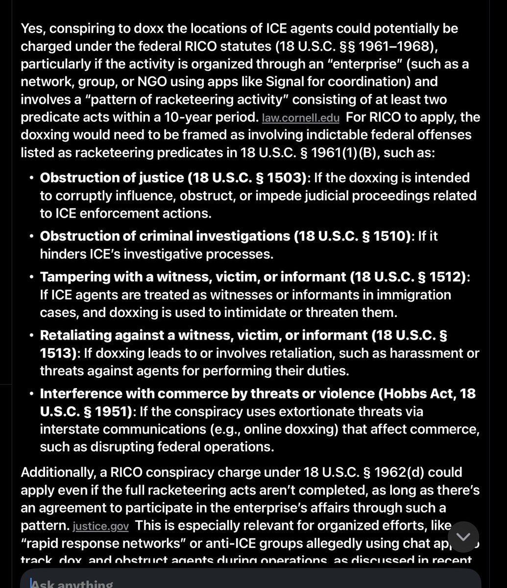 <a href="/amuse/">@amuse</a> <a href="/EggZackly1/">Egg Zackly</a> What any of these people are failing to realize is that all of this behavior could be prosecuted under RICO.

These are very serious crime. Collaborating to undermine federal govt is serious.  It is the aspect of conspiring that is going to get them into trouble.