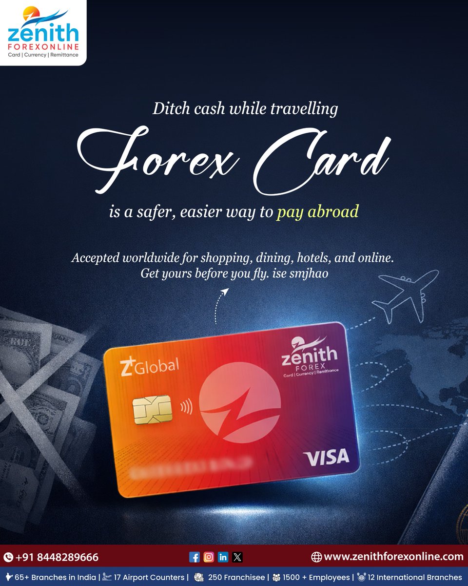 zenith_forex's tweet photo. A Forex Card is a prepaid card for international travel.
You load foreign currency before your trip and use it abroad like a regular card for hotels, food, shopping, and online payments—without carrying cash.

#forex #forexcard #travelmoney #multicurrency #travelcard https://t.co/hQNdPQOb8w