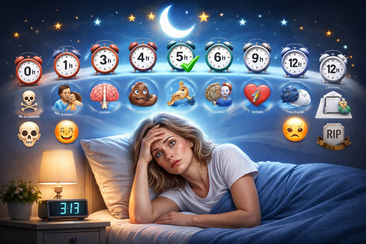 FranceNews24's tweet image. 🔴 INFO - #Santé : 
💤Durée du sommeil et Risques

- Pas de sommeil  &amp;gt; Vous pouvez mourir
- 1 heure par nuit   &amp;gt; Extrêmement fatigué
- 2 heures par nuit &amp;gt; Mémoire à court terme affectée
- 3 heures par nuit &amp;gt; Temps de réaction plus lent
- 4 heures par nuit &amp;gt; Facilement irritable
-…