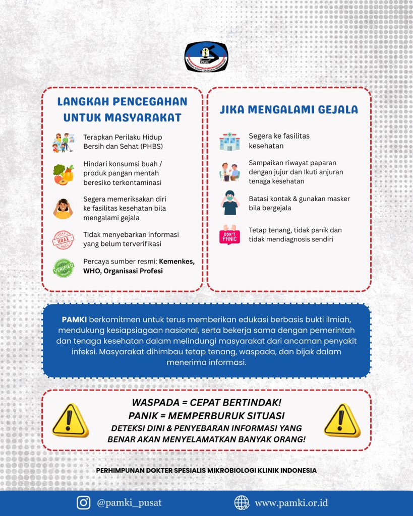 Virus Nipah? Apakah menjadi Pandemi Baru?

Pernyataan dan edukasi dari Perhimpunan Dokter Spesialis Mikrobiologi Klinik Indonesia (PAMKI) mengenai kejadian outbreak Virus Nipah di India yang disusun oleh Guru Besar Virologi dan subdivisi Virus PAMKI.