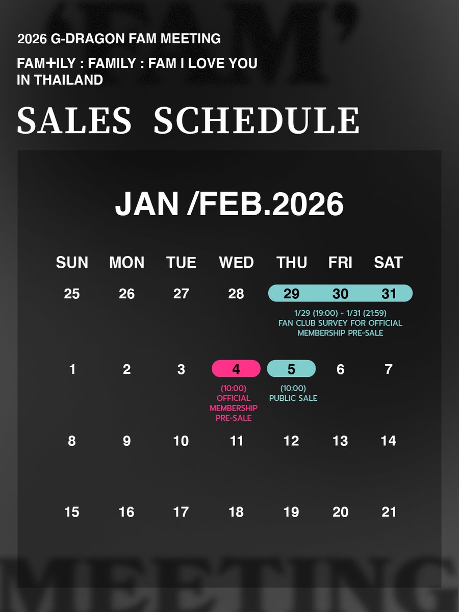 GDFamMeetBKK26's tweet image. ผังที่นั่ง และ กำหนดการจำหน่ายบัตร

งาน 2026 G-DRAGON FAM MEETING IN BANGKOK
[FAM+ILY : FAMILY : FAM I LOVE YOU]
📆 วันที่ 21 - 22 กุมภาพันธ์ 2569
📍BITEC Event Hall 98-99

✒️ เปิดแบบสำรวจแฟนคลับ สำหรับ G-DRAGON OFFICIAL MEMBERSHIP เพื่อรับสิทธิ์ซื้อบัตรรอบ PRE-SALE:
วันที่ 29…