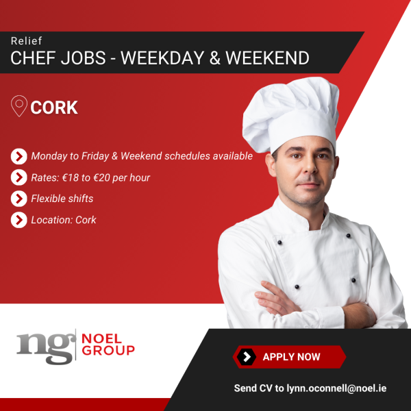 NoelGroup_'s tweet image. We are currently recruiting for Relief Chefs in Cork. Apply today by sending your CV to lynn.oconnell@noel.ie 

#ReliefChef #ChefJobsCork #HospitalityJobs #CorkJobs #FlexibleWork #ChefIreland