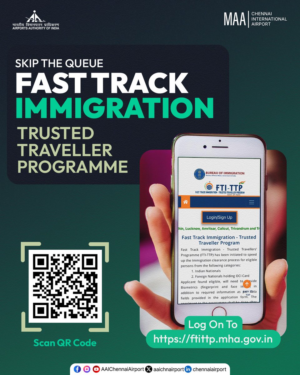 aaichnairport's tweet photo. Make your international travel smoother at #ChennaiAirport with the #TrustedTravellerProgram.
Designed to minimise waiting time at immigration, the program enables pre-registered passengers to use automated e-gates for faster and more efficient clearance, ensuring a comfortable and seamless travel experience.
Know more and register at: https://t.co/IgrxRSqwmw
@AAI_Official | @MoCA_GoI | @BOIndiaOfficial