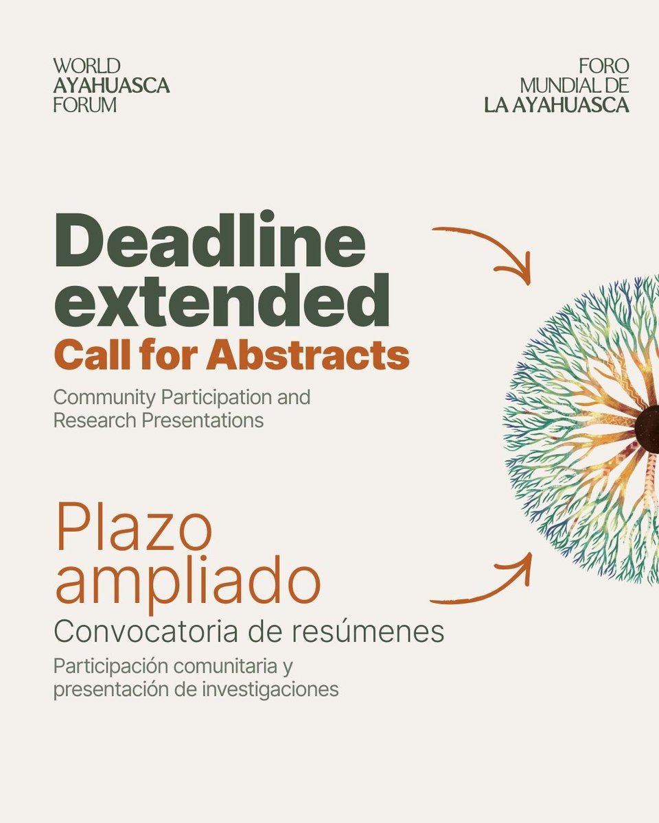 AyaConference's tweet image. Deadline extended! Our Call for Abstracts is now open until Feb 20.

We welcome proposals beyond academia — Indigenous knowledge holders, communities, practitioners, health workers, artists, activists &amp;amp; changemakers.

ayahuasca2026.com/call-for-abstr…
