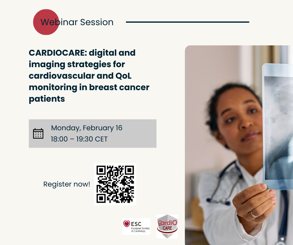 🫀🎗️ CARDIOCARE Webinar
Digital &amp; imaging strategies for cardiovascular and QoL monitoring in breast cancer patients

📅 16 Feb 2026
⏰ 18:00–19:30 CET

🔬 Cardio-oncology | 📊 Digital health | 🖥️ Advanced imaging

👉 Register now: esc365.escardio.org/event/2479