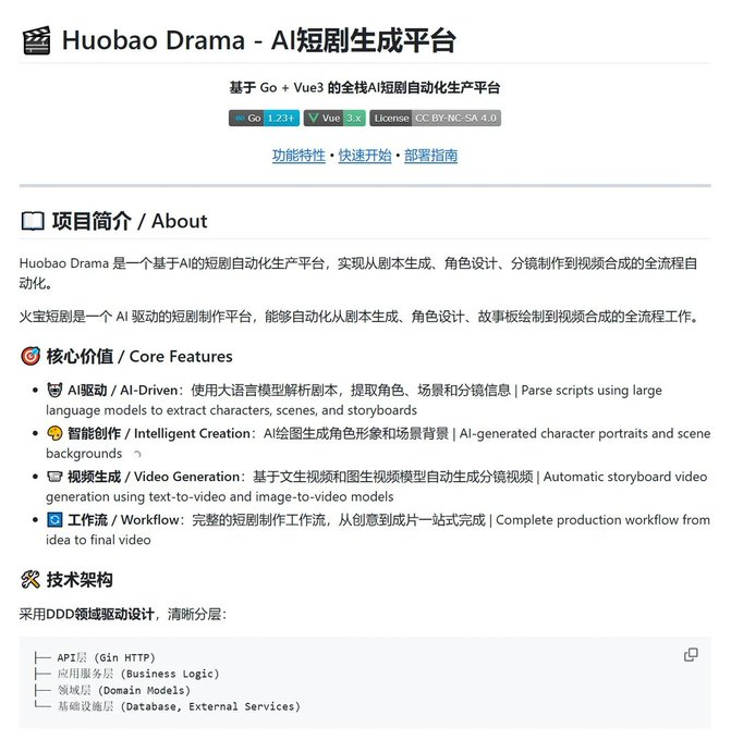 simonlam0105's tweet photo. 分享一个github项目，这是一个 AI 短剧生成项目，名为 火爆短剧（huobao-drama）。  
它利用 AI 模型自动生成短剧剧本、角色对话和剧情结构，适合用来做短视频内容创作、脚本灵感拓展或快速产出剧本草稿。  
https://t.co/Y7ZHW9cyKP https://t.co/W8MxXEVKea