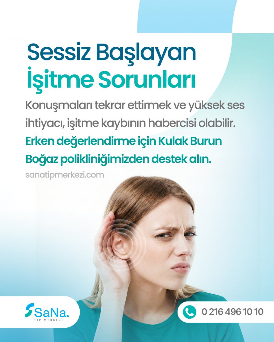 sanatipmerkezi's tweet image. İşitme kaybı sessiz başlayabilir.

Televizyon sesini artırma, konuşmaları tekrar sorma gibi belirtileri önemseyin. Erken tanı için KBB polikliniğimize başvurabilirsiniz.

📞 0 (216) 496 10 10

#SanaTıpMerkezi #KBB