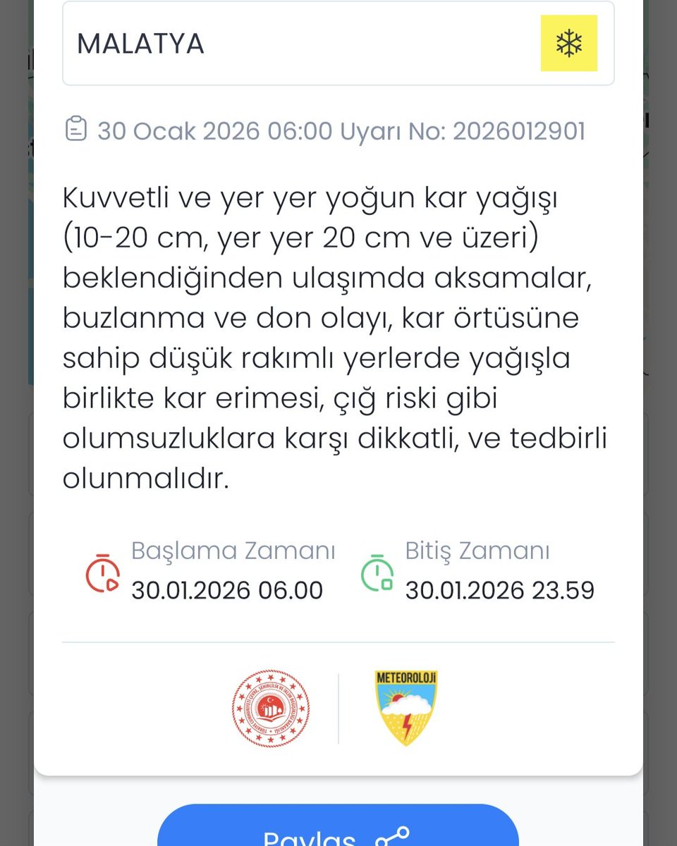 Meteoroloji Genel Müdürlüğü'nden Malatya için YOĞUN KAR yağışı (+20 santim) uyarısı geldi!