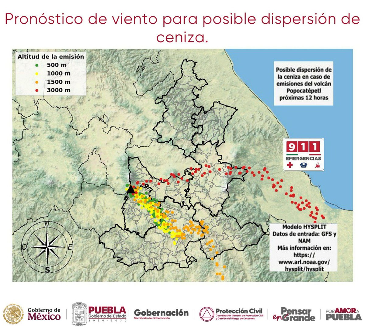 🗻 Pronóstico de viento para posible dispersión de ceniza en caso de emisiones del volcán Popocatépetl, podría dirigirse al este y sureste, regiones de:
📍Valle de Atlixco
📍Angelópolis
📍Valle Serdán
📍Sierra Negra
📍Mixteca

•Tlaxcala
•Veracruz
•Oaxaca