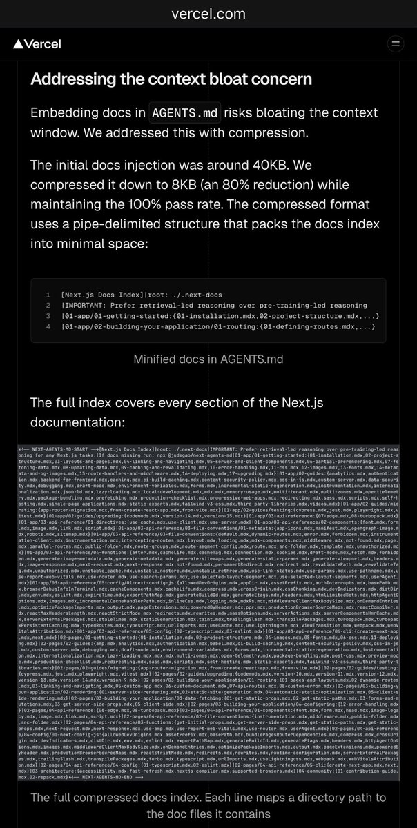 d4m1n's tweet photo. just in:
Agent Skills apparently suck because they introduce a decision point 

the new reco is...

compress the sh💩t out of your instructions and paste them all into AGENTS․md?!

this produced code with 100% pass rate vs 79% with skills