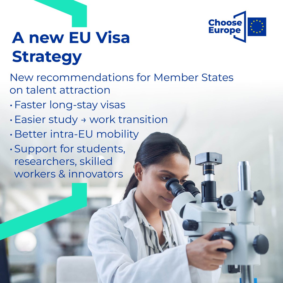 EZaharievaEU's tweet photo. We continue to deliver on what we promised in the Startup and Scaleup Strategy. Now it’s time to simplify how Europe attracts talent. The College has adopted a  Visa Strategy and recommendations on attracting talent, launching the Blue Carpet initiative under Choose Europe. (1/4) https://t.co/F8oDpzXrga