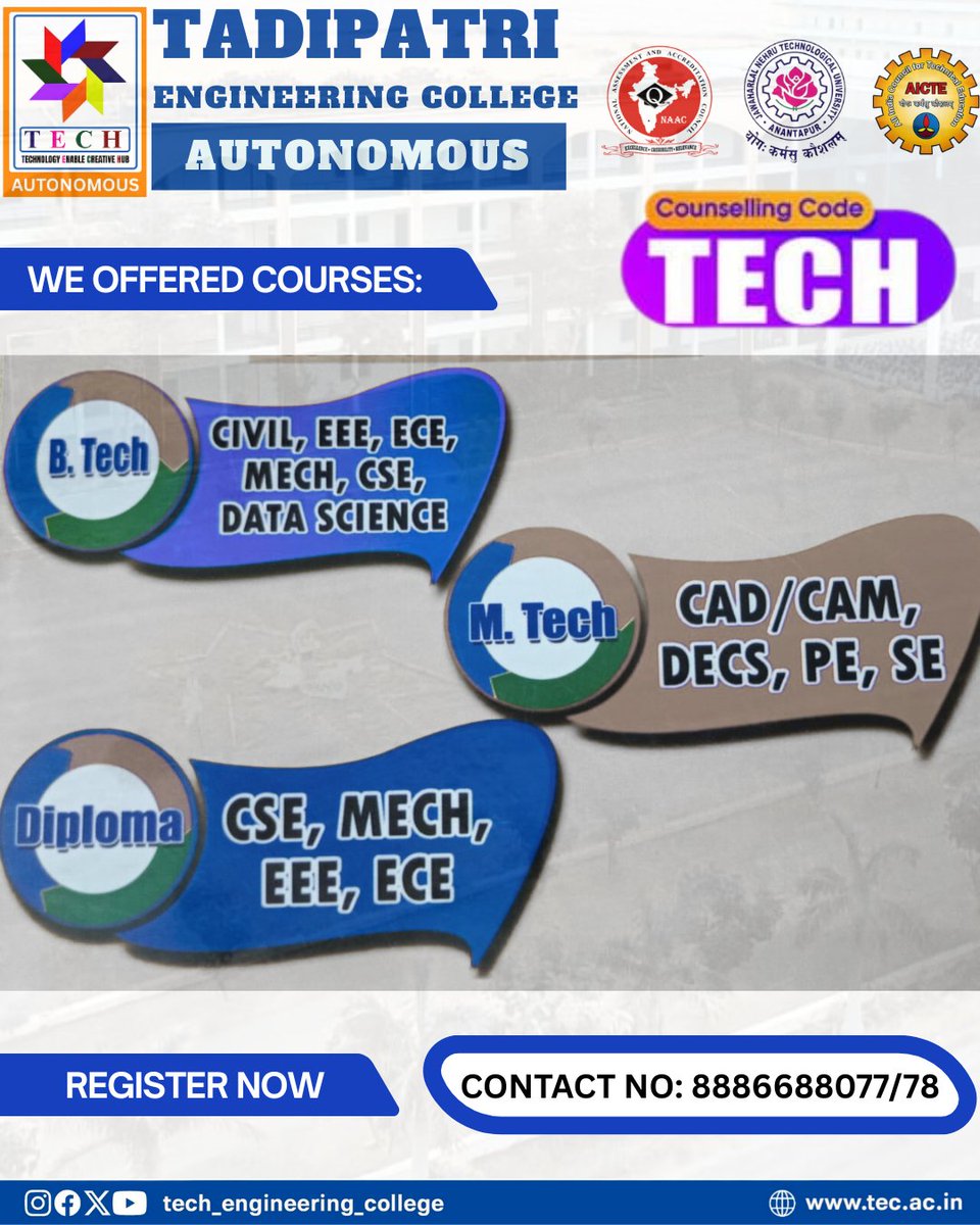 tadipatri_tech's tweet photo. #TadipatriEngineeringCollege
#EngineeringEducation
#BTech
#MTech
#DiplomaCourses
#TechnicalEducation
#EngineeringCollege
#HigherEducation
#CareerInEngineering
#SkillDevelopment
#FutureEngineers https://t.co/r4O4U19MBj