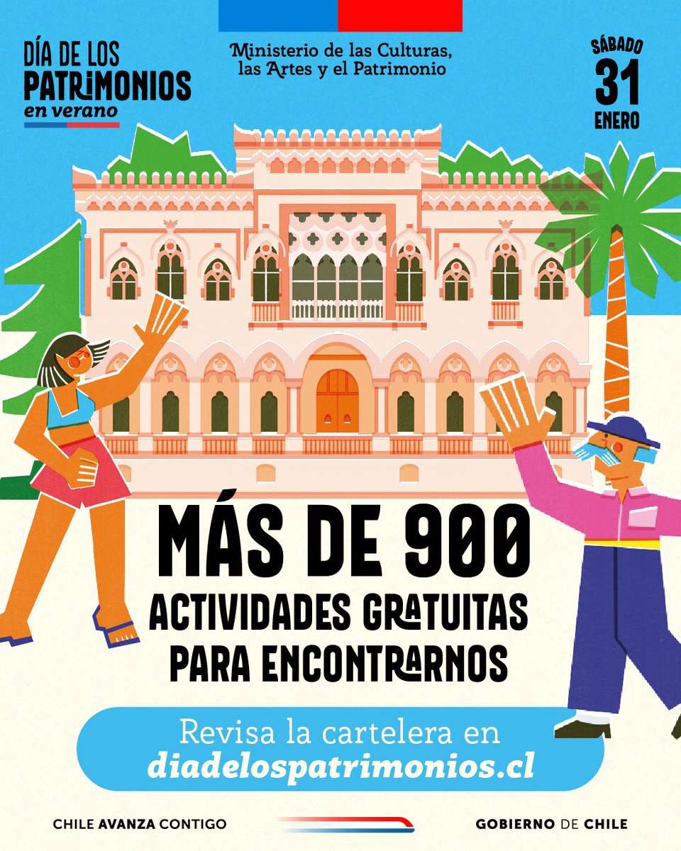 ⛱️ Este sábado 31 de enero, el Día de los Patrimonios en Verano nos invita a encontrarnos en más de 900 actividades gratuitas a lo largo de todo Chile. 🇨🇱
Revisa la cartelera de actividades en 👉 diadelospatrimonios.cl ☀️