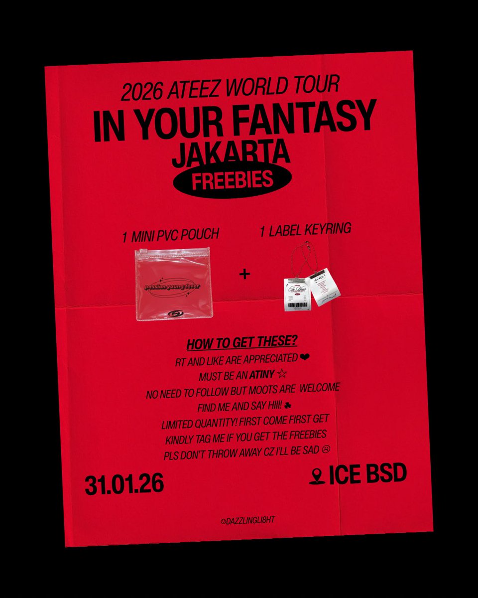 dazzlingli8ht's tweet photo. ATEEZ #InYourFantasy_JKT ᓭི༏ᓯྀ ྀིྀིྀིྀིྀི
⋆.˚ 🂱 ⋆✮⋆˙ freebies by 𝑑𝑎𝑧𝑧𝑙𝑖𝑛𝑔𝑙𝑖𝟾𝘩𝑡

༺retweet &amp; like are appreciated♡༻

🗓️ 2026.01.31
📍 ice bsd
⏳ tba

more details in the picˏˋ°•*⁀➷

𝒔𝒆𝒆 𝒚𝒂 𝑨𝑻𝑰𝑵𝒀.ᐟ

#ATEEZinJakarta #ATEEZinJKT https://t.co/q9S8FiqXf0