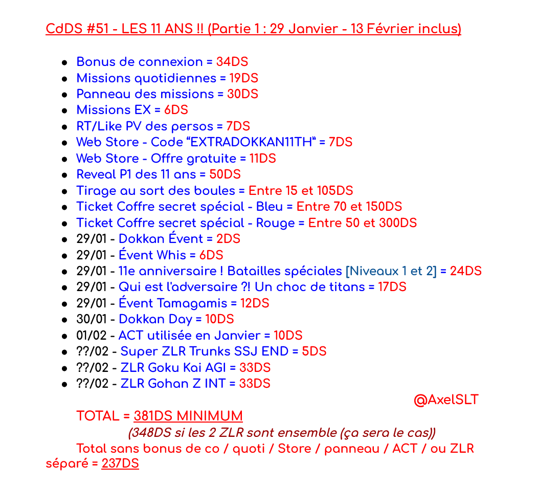 COMPTE DES DS - LES 11 ANS !! (Partie 1 : Du 29 Janvier au 13 Février inclus) #DokkanBattle #Dokkan11th #CdDS 

JE SOUHAITE À TOUT LE MONDE DE DROP !!
(Ou de continuer à stack pour la P2)

Je citerai ce tweet quand on aura de nouvelles infos !
Donc p'tit follow ? Oui je gratte