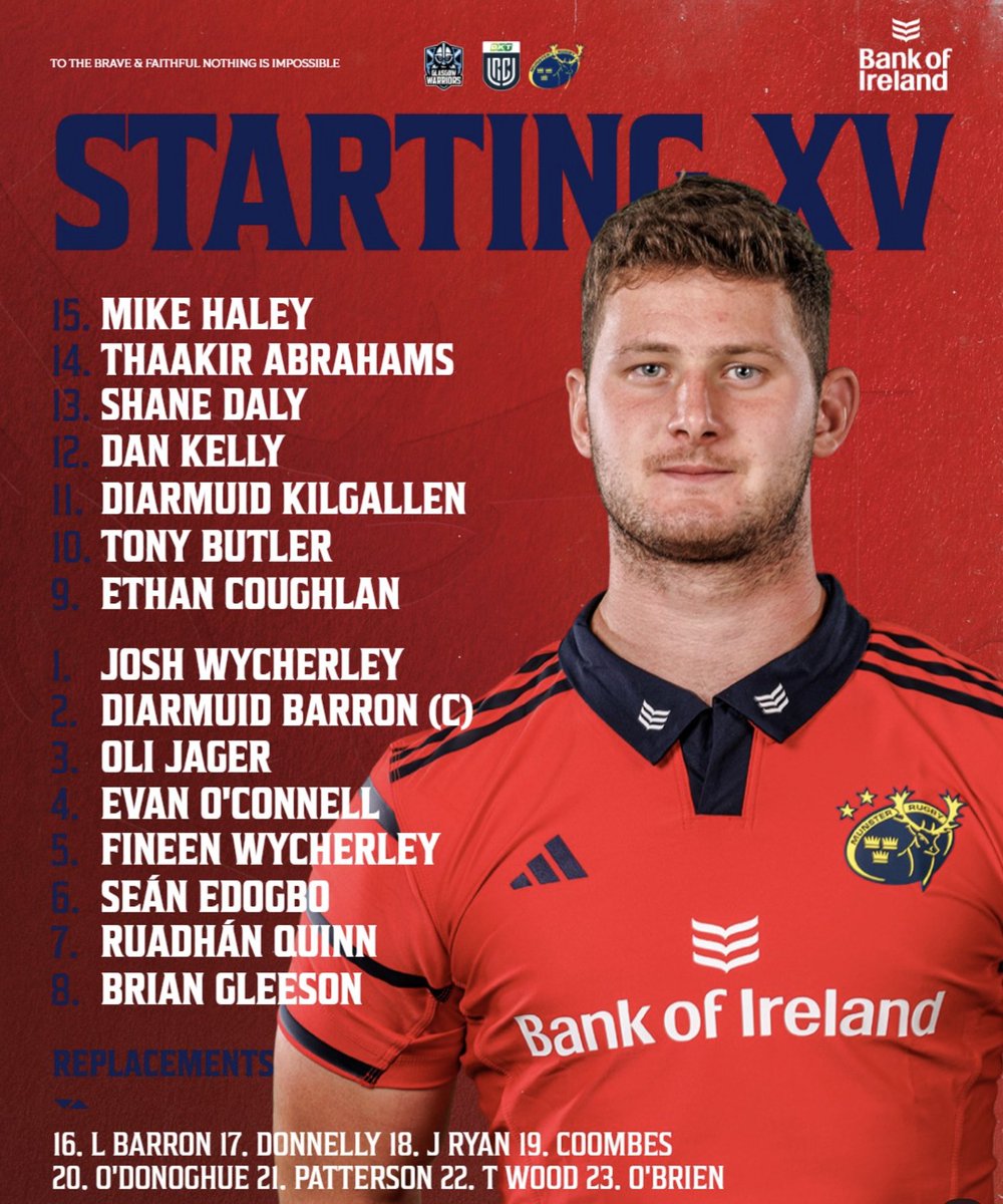 The youngest ever <a href="/Munsterrugby/">Munster Rugby</a> back row to start for them in the pro era are all (sadly)... a week older!

Seán Edogbo (21) stays in the row along with Ruadhán Quinn (22) and Brian Gleeson (21)  

<a href="/10Broderick/">James Broderick</a> <a href="/rava_ian/">Ian Frizzell</a> &amp; <a href="/lemonsrbitter/">Glenn Flanagan</a> 🤫😅