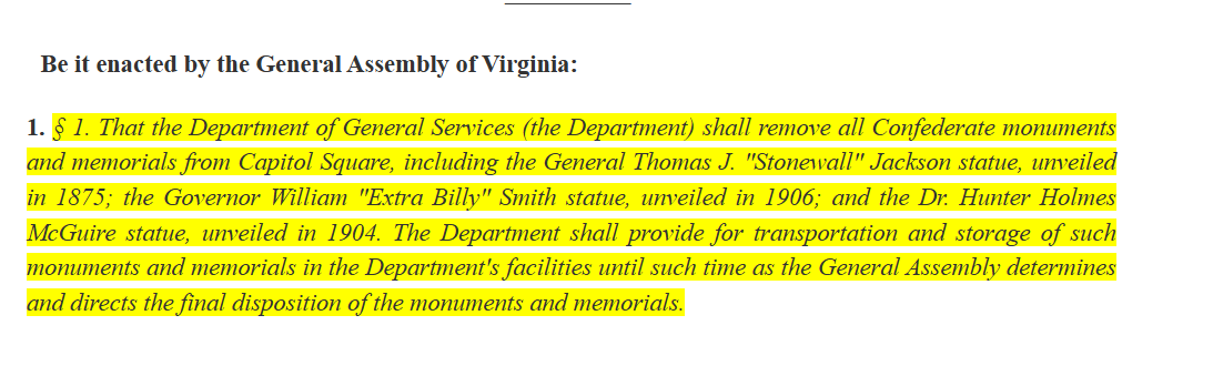 Interesting bill up tomorrow in the Senate Rules Committee.

Senator <a href="/AdamEbbin/">Adam Ebbin 🇺🇦</a>'s bill would remove the three Confederate monuments currently in Capitol Square. 

According to the bill, those include statutes of Stonewall Jackson, Governor William "Extra Billy" Smith, and Dr.