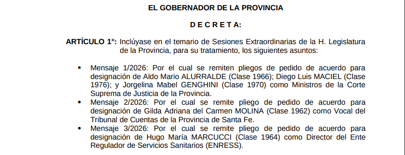 El gobernador Pullaro incluyó en extraordinarias los tres nombres para la Corte Suprema; Tribunal de Cuentas y Enress.