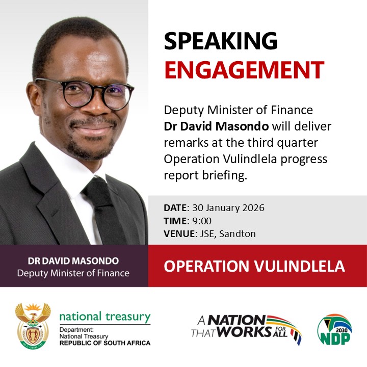 Treasury_RSA's tweet image. Deputy Minister of Finance 
@DrDavidMasondo will deliver remarks at the third quarter Operation Vulindlela progress report briefing.

 #OperationVulindlela #EconomicReform