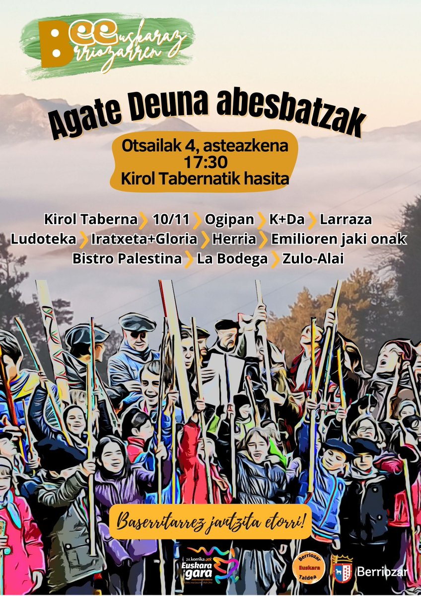 🎶 Agate Deuna Abesbatzak 🎶

Zatoz, datorren asteazkenean, 17:30etan Kirol Tabernara!

🎶Coros de Santa Agueda 🎶

¡Ven, el próximo miércoles a las 17:30, a Kirol Taberna!

#berriozar #berriozarkoudala #AyuntamientoBerriozar