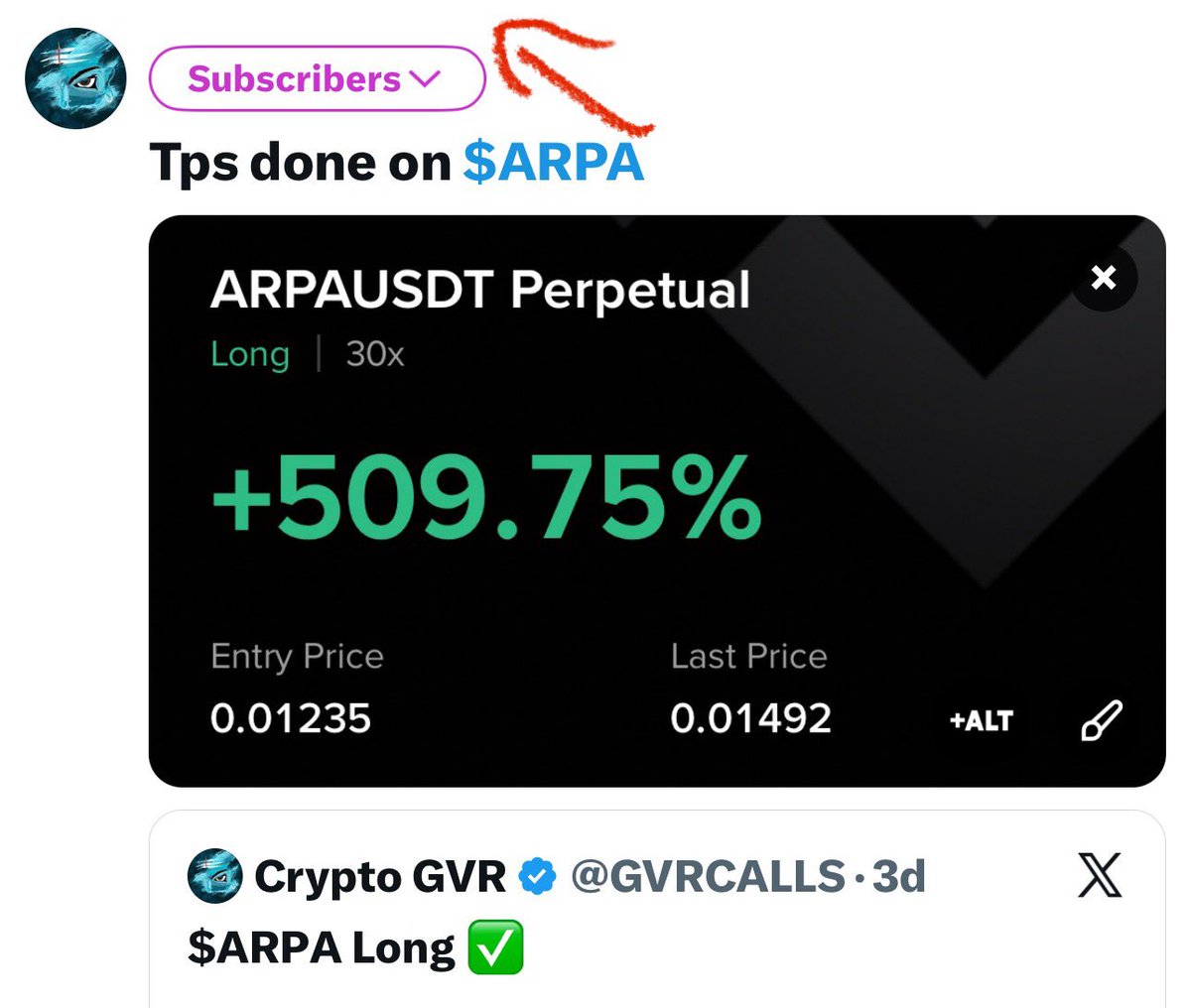 Trade 444 : $ARPA 509% up for my Twitter subscribers Total lost trades in  Jan : 3 Note : Subscribe my X for more trades ✓