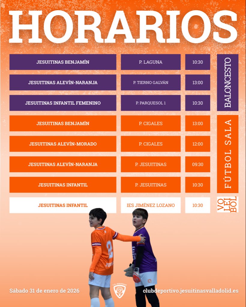 𝐇𝐎𝐑𝐀𝐑𝐈𝐎𝐒 | Sábado 3️⃣1️⃣ de enero.

#clubdeportivoculturaljesuitinas #darlotodo #jesuitinasvalladolid