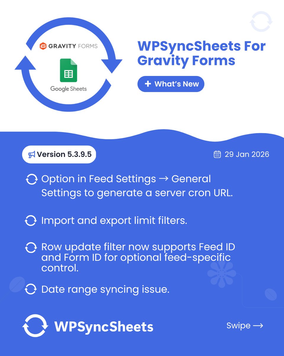 wpsyncsheets's tweet photo. WPSyncSheets For Gravity Forms Version- 5.3.9.5
โ
Option in Feed Settings โ General Settings to generate a server cron URL.
โ
Import and export limit filters.
โ
Date range syncing issue.
๐https://t.co/waGOnnVpYx
#wpsyncsheets #googlesheets #wordpress #gravityforms https://t.co/SrqMj5I028
