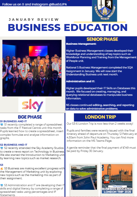 BusEdJPA's tweet photo. 🆕January review from the Business Education Department @johnpaulacademy.

S2 attended the Sky Academy Studios and we finalised details for our London Trip in February 2026. Our amazing S5/6 pupils also completed their prelims. We are really excited for next month! https://t.co/3d46sOsR3K
