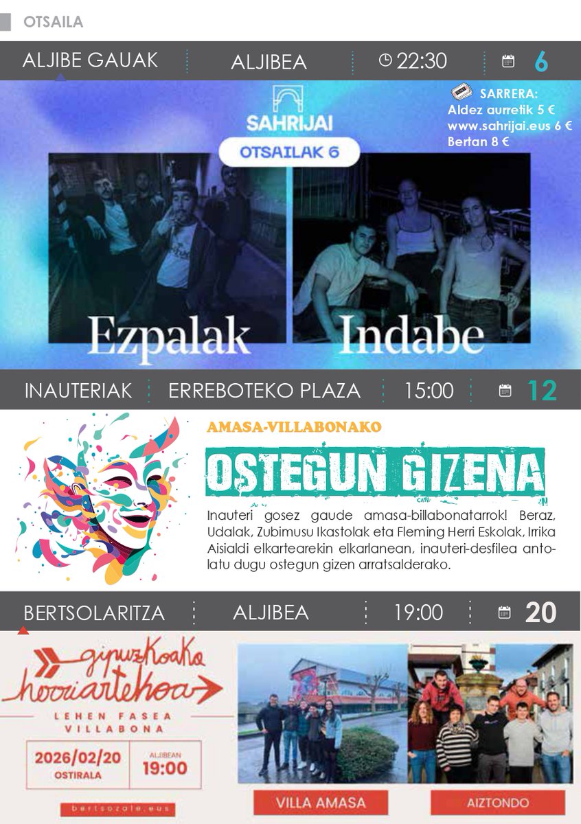 VillabonaUdala's tweet photo. Udaleko Kultura sailak otsaileko egitaraua argitaratu du: https://t.co/FVC5Vow2U5
Eskaintza anitz eta zabala aukeran: Aurresku liga, antzerkiak. musika Aljibean, ostegun gizena, bertsolaritza (Gipuzkoako herriartekoa), liburu aurkezpena, zinea...
#Kultura #Otsaila #AmasaVillabona https://t.co/lDubzujPVR