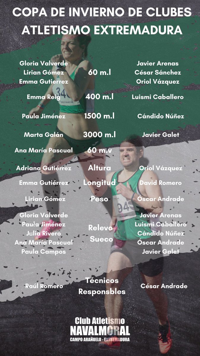 El próximo sábado se celebra en <a href="/CTD_cdcaceres/">Ciudad Deportiva CC</a> Copa Invierno Clubes Atletismo <a href="/FedExtAtletismo/">Fed. Ext. Atletismo</a> con presencia de nuestros equipos Masculino y Femenino que tratarán de lograr la mejor posición posible como equipo y buscando mejorar sus marcas los atletas <a href="/DipCaceres/">Diputación d Cáceres</a> <a href="/jovendeportEXT/">Jóvenes y Deportes Extremadura</a>