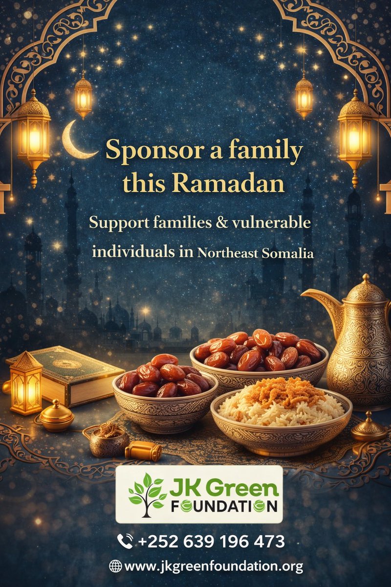 JKGreenFdn's tweet photo. 🌙 Ramadan Fundraising Appeal | JK Green Foundation 🌙

This Ramadan, thousands of families in Northeast State of Somalia are struggling to break their fast due to drought and rising food prices.

🤍 Sponsor a family or vulnerable individual and help provide Iftar with dignity. https://t.co/Lme1Ffgokn