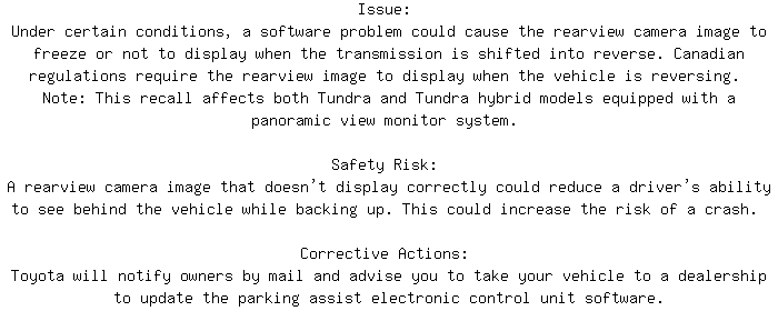 CanadianRecalls's tweet image. Compliance Recall for 2024 TOYOTA TUNDRA Visual System. Approx. 12179 units affected.