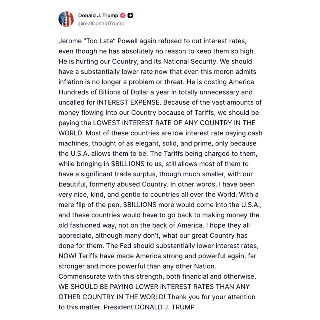 Crypto0637's tweet image. 🇺🇸 BREAKING: TRUMP JUST RESPONDED

“Jerome ‘Too Late’ Powell once again held off on cutting rates.”

Pressure is building fast.

Rate cuts look inevitable. 📉