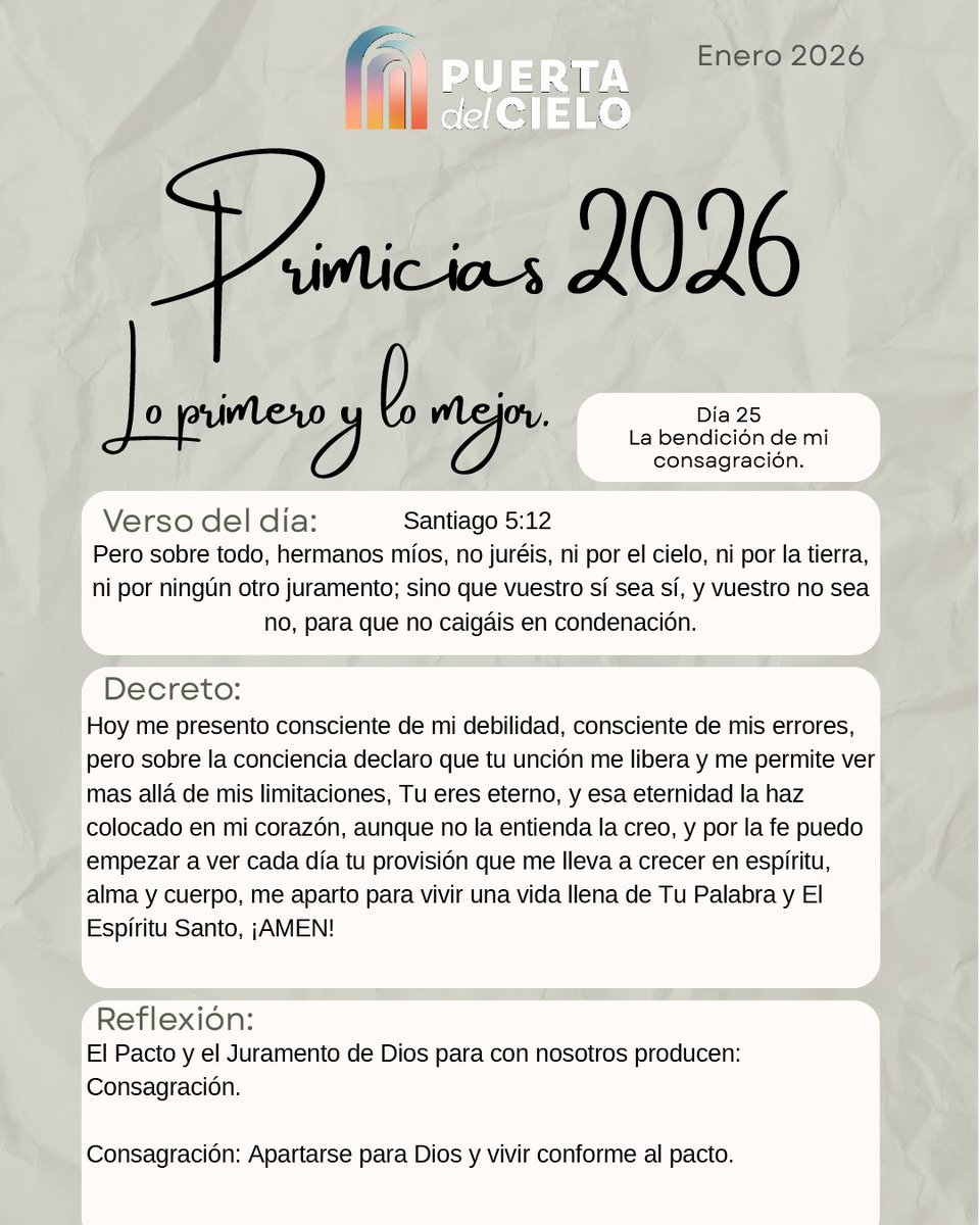 Día 25 de #Primicias2026 🍇
Nos apartamos para Dios, viviendo en consagración y obediencia conforme a su pacto.