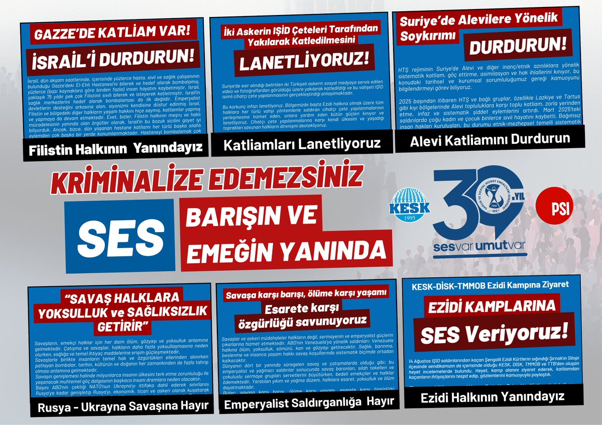 sesgenelmerkezi's tweet image. KRİMİNALİZE EDEMEZSİNİZ 
SES BARIŞIN VE EMEĞİN YANINDA

SES; savaşsız ve sömürüsüz bir dünya hedefiyle, ülkemizde ve dünyada savaşa karşı kalıcı barışın yaratılmasına katkıda bulunmayı; her tür baskıcı yönetime karşı demokrasinin tüm kurum ve kurullarıyla yerleşmesini sağlamayı…