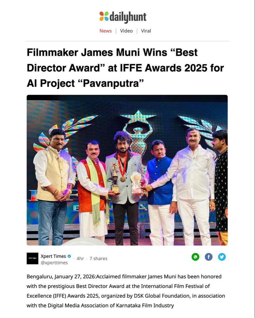 ActorJamesMuni's tweet image. Honored to receive the Best Director Award at the IFFE Awards 2025 by DSK Global Foundation for my AI project “Pavanputra.” 🙏✨

dhunt.in/13hMFi

Grateful for the support and encouragement throughout this journey. 🎬🏆

#BestDirector #IFFE2025 #Pavanputra #JamesMuni