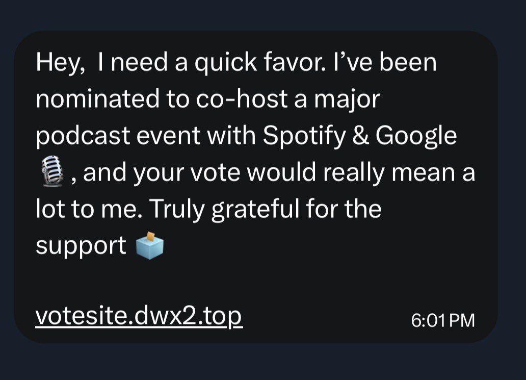 I have received 3 DMs in as many days from different accounts with the following message. Do NOT click on the link - they have been hacked!