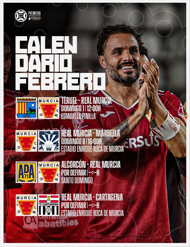 📅 𝐂𝐀𝐋𝐄𝐍𝐃𝐀𝐑𝐈𝐎 𝐃𝐄 𝐅𝐄𝐁𝐑𝐄𝐑𝐎
Cuatro partidos, dos en casa y un mes ilusionante por delante.

⚔️ Teruel
🏟️ Marbella
🚍 Alcorcón
🔥 Cartagena

🔜 Vamos a por él, afición.