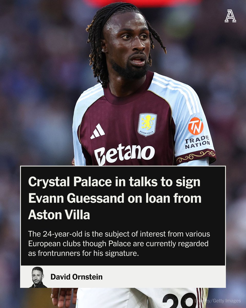 TheAthleticFC's tweet photo. Crystal Palace are in talks to sign forward Evann Guessand on loan from Aston Villa before the end of the transfer window.

Guessand only joined Villa in August from French club Nice in a deal worth €35m (£30.4m) consisting of a €30m upfront fee and a further €5m in add-ons.

More from @David_Ornstein ⬇️

https://t.co/CjDgwqqI0V